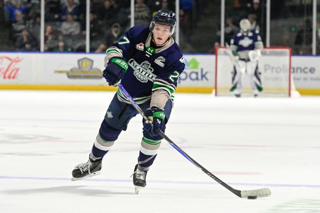 Defenceman Kaleb Hartmann with the Seattle Thunderbirds