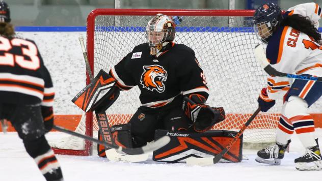 Goaltender Sarah Coe with the Rochester Institute of Technology