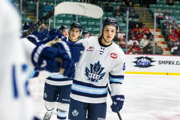 Penticton Vees exchange high fives along the bench