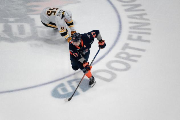 Flint Firebirds center Alex Kostov skates around the Sarnia Sting