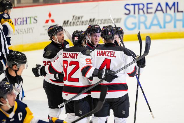 Adirondack Thunder gather following a goal