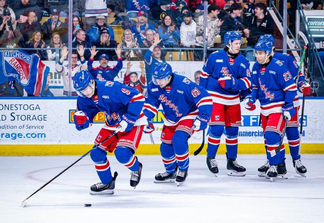 Kitchener Rangers right wing Avry Anstis (far left) and left wing Matthew Hlacar
