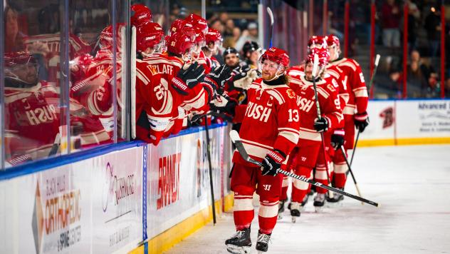 Rapid City Rush's Ryan Wagner congratulated by team