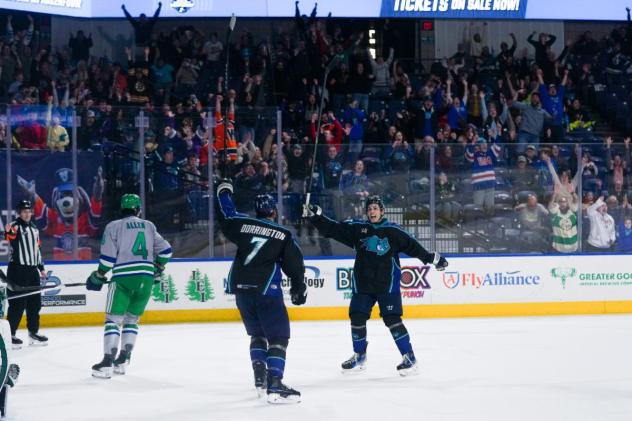 Worcester Railers, as the Icecats, celebrate a goal