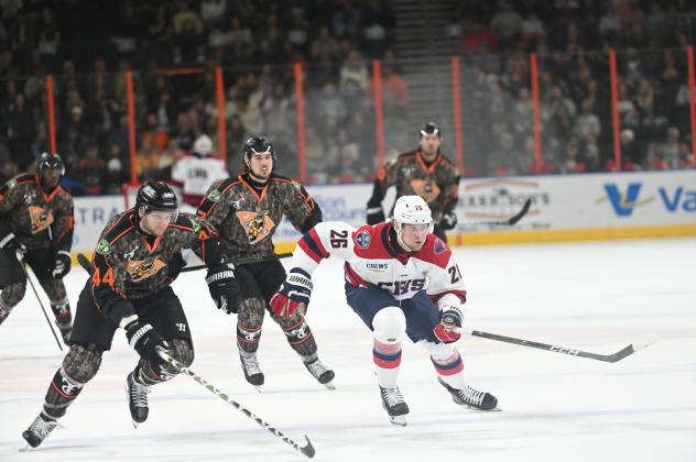 South Carolina Stingrays' Kaden Bohlsen and Greenville Swamp Rabbits' Jacob Modry and Tristan De Jong on the ice