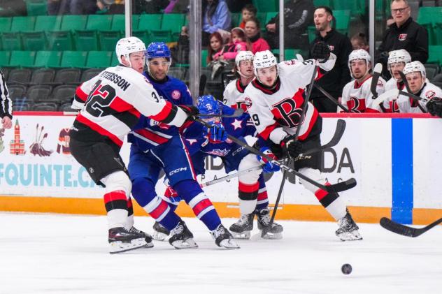 Belleville Senators right wing Oskar Pettersson (left) and centre Landen Hookey vs. the Rochester Americans