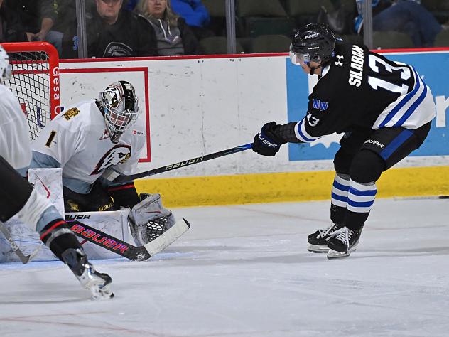 Portland Winterhawks' Ondrej Stebetak versus Wenatchee Wild's Mathias Silaban