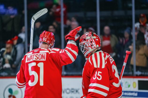Grand Rapids Griffins' Austin Watson and Michael Postava on game night