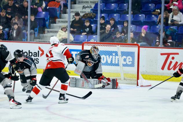 Vancouver Giants goaltender Burke Hood makes a stop against the Prince George Cougars