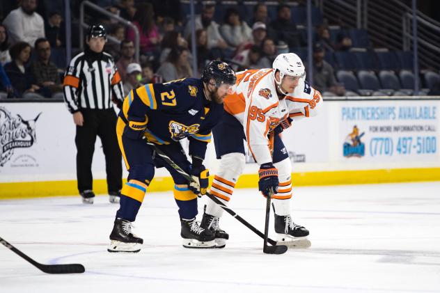 Greenville Swamp Rabbits right wing John Parker-Jones (right) vs. the Atlanta Gladiators