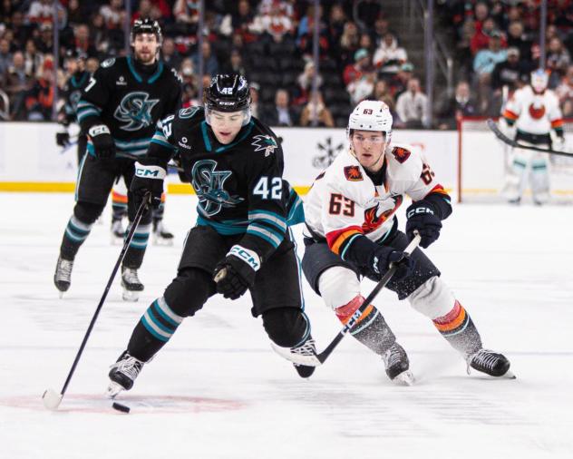 San Jose Barracuda defenseman Luca Cagnoni (left) vs. the Coachella Valley Firebirds