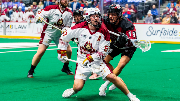 Oshawa FireWolves' Ethan Walker and Colorado Mammoth's Connor Nock in action