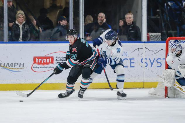 Kelowna Rockets' Vojtech Cihar versus Penticton Vees' Charlie Michaud