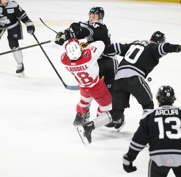 Allen Americans' Harrison Blaisdell battles Idaho Steelheads' Liam Malmquist