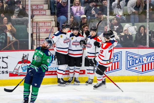 Adirondack Thunder huddle after a score against the Maine Mariners