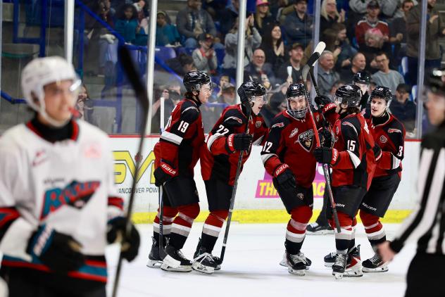 Vancouver Giants' Will Sharpe, Joe Iginla, Brett Olson, Leonardo Domenichelli, and Tobias Tomik on game night