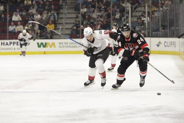 Belleville Senators centre Jan Jeník (right) races for the puck