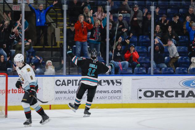 Kelowna Rockets centre Tij Iginla celebrates one of his goals