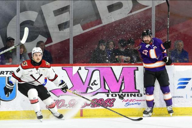 Avery Hayes (left) with the Wheeling Nailers during the 2023-24 season