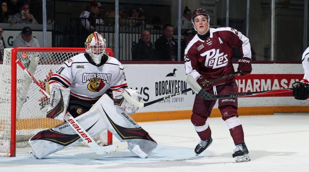 Peterborough Petes centre Braydon McCallum (right) vs. the Owen Sound Attack