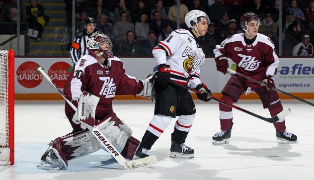 Peterborough Petes goaltender Easton Rye and defender Grayden Strohack vs. the Owen Sound Attack