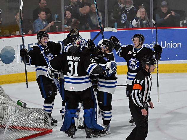 Wenatchee Wild's Tobias Tvrznik celebrates win with team