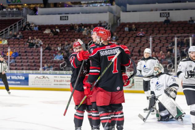 Allen Americans center Colton Hargrove helps celebrate a goal