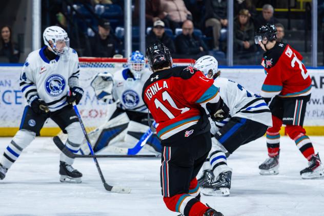 Kelowna Rockets forward Tij Iginla fires a shot against the Wenatchee Wild