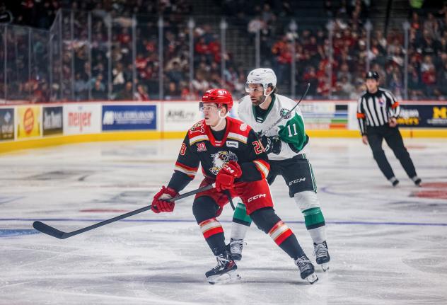 Texas Stars forward Harrison Scott (right) vs. the Grand Rapids Griffins