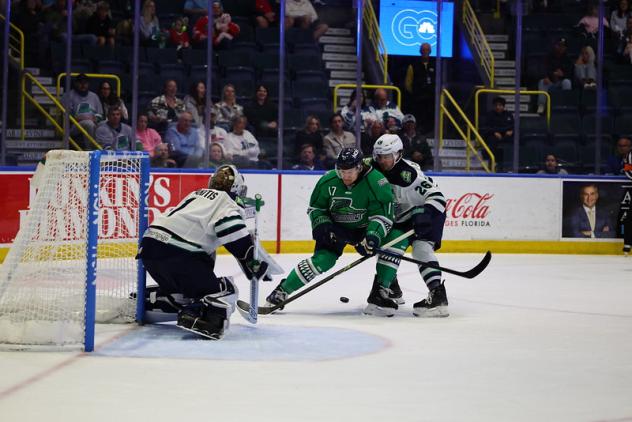 Florida Everblades forward Oliver Cooper looks for a shot