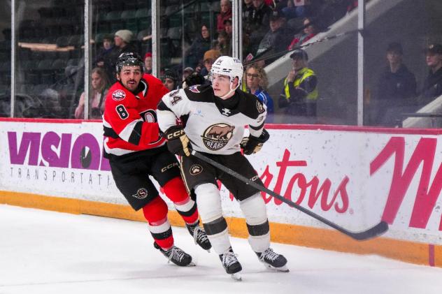 Belleville Senators right wing Mark Duarte (left) vs. the Hershey Bears