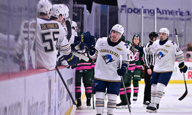 Springfield Thunderbirds forward Thomas Bordeleau along the bench