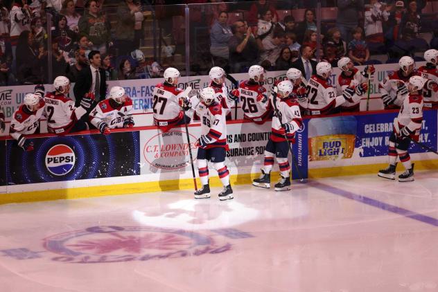 South Carolina Stingrays exchange congratulations along the bench