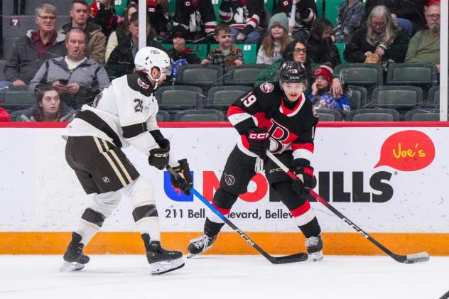 Belleville Senators left wing Jamieson Rees vs. the Hershey Bears