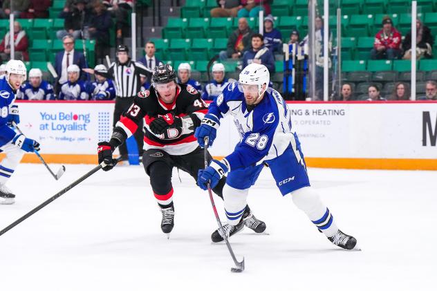 Syracuse Crunch defenseman Jarred Tinordi vs. the Belleville Senators