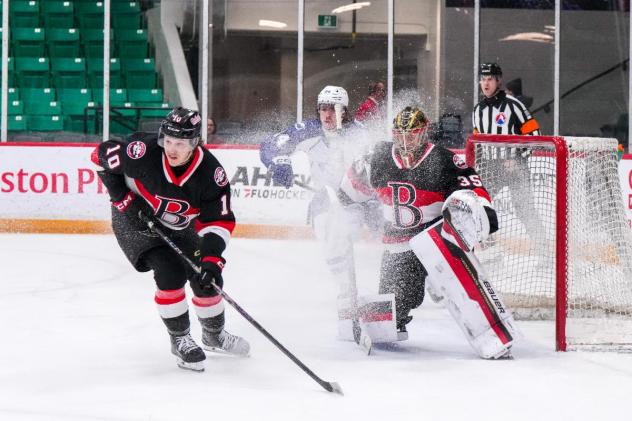Belleville Senators centre Philippe Daoust and goaltender Leevi Meriläinen