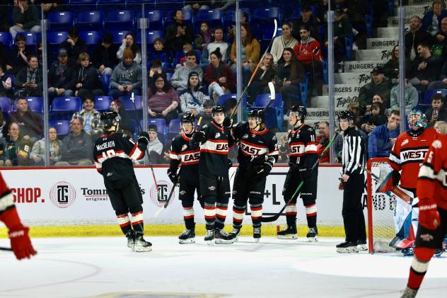 Team East gathers after a goal at the 2026 WHL Prospects Game
