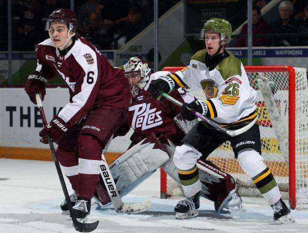 Peterborough Petes defenceman Grayden Strohack (left) and goaltender Easton Rye vs. the North Bay Battalion