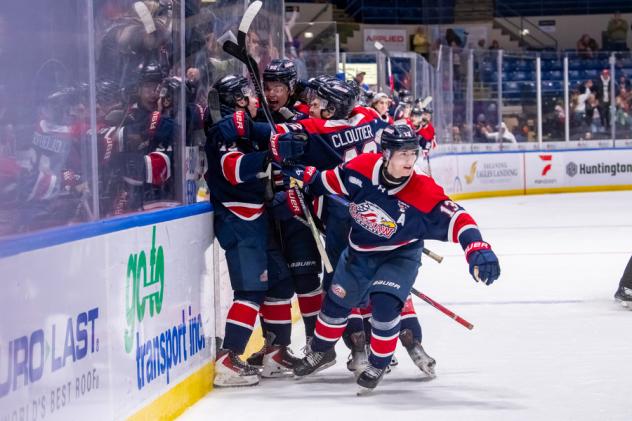 Saginaw Spirit celebrate a late goal