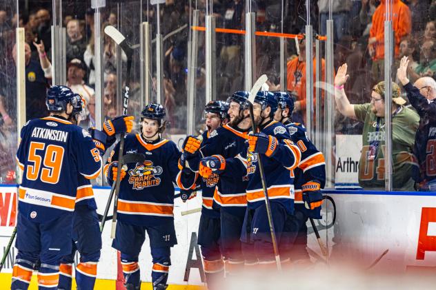 Greenville Swamp Rabbits exchange congratulations after a goal