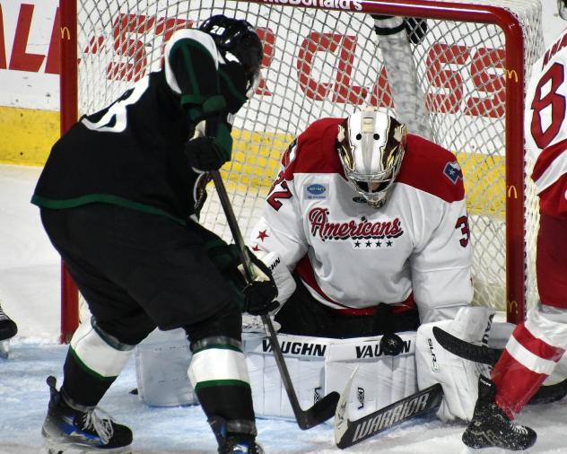 Allen Americans goaltender David Tendeck makes a stop