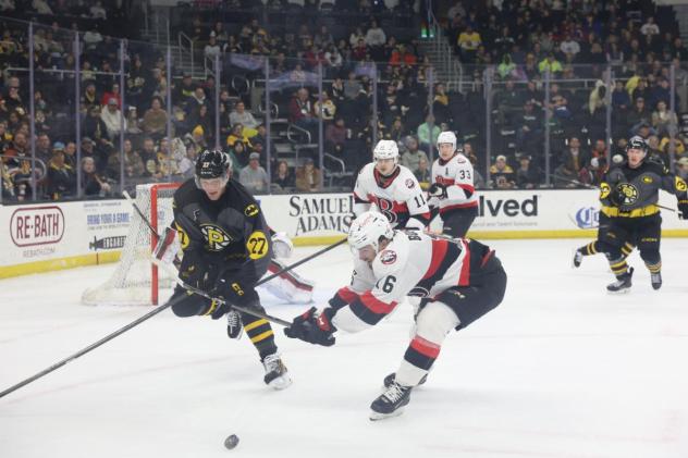 Belleville Senators right wing Tyler Boucher (right) vs. the Providence Bruins