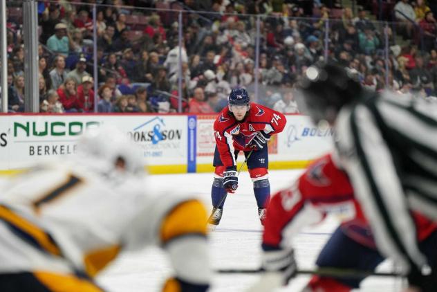 South Carolina Stingrays defenseman Connor Moore keeps an eye on the action