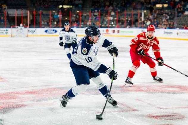 Worcester Railers' Ryan Miotto and Rapid City Rush's Brett Davis on the ice