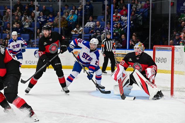 Syracuse Crunch center Dylan Duke vs. the Charlotte Checkers