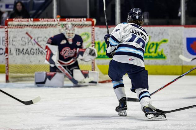 Penticton Vees right wing Diego Johnson unleashes a shot against the Regina Pats