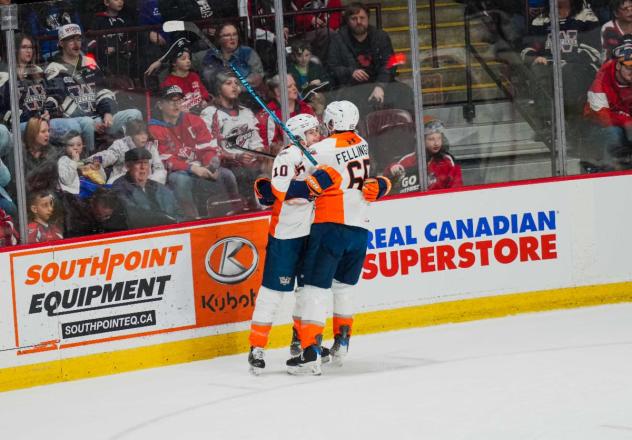 Flint Firebirds react after a goal against the Windsor Spitfires