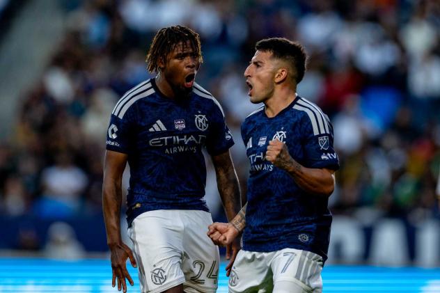 New York City FC midfielder Nicolás Fernández Mercau (right) and defender Tayvon Gray