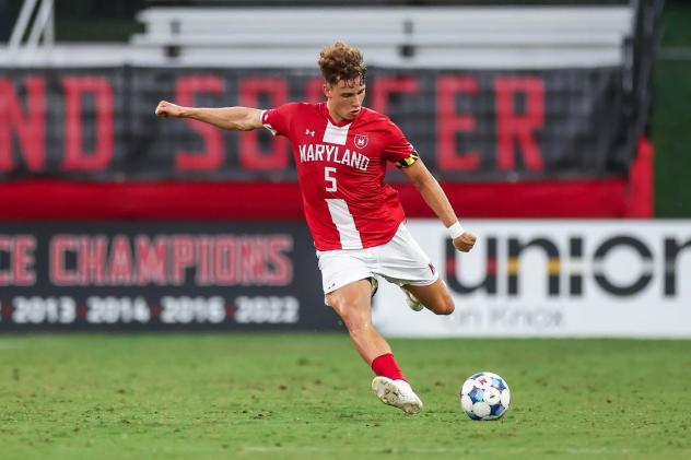Defender Lasse Kelp with the University of Maryland