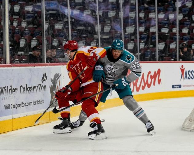 San Jose Barracuda forward Donavan Houle (right) vs. the Calgary Wranglers